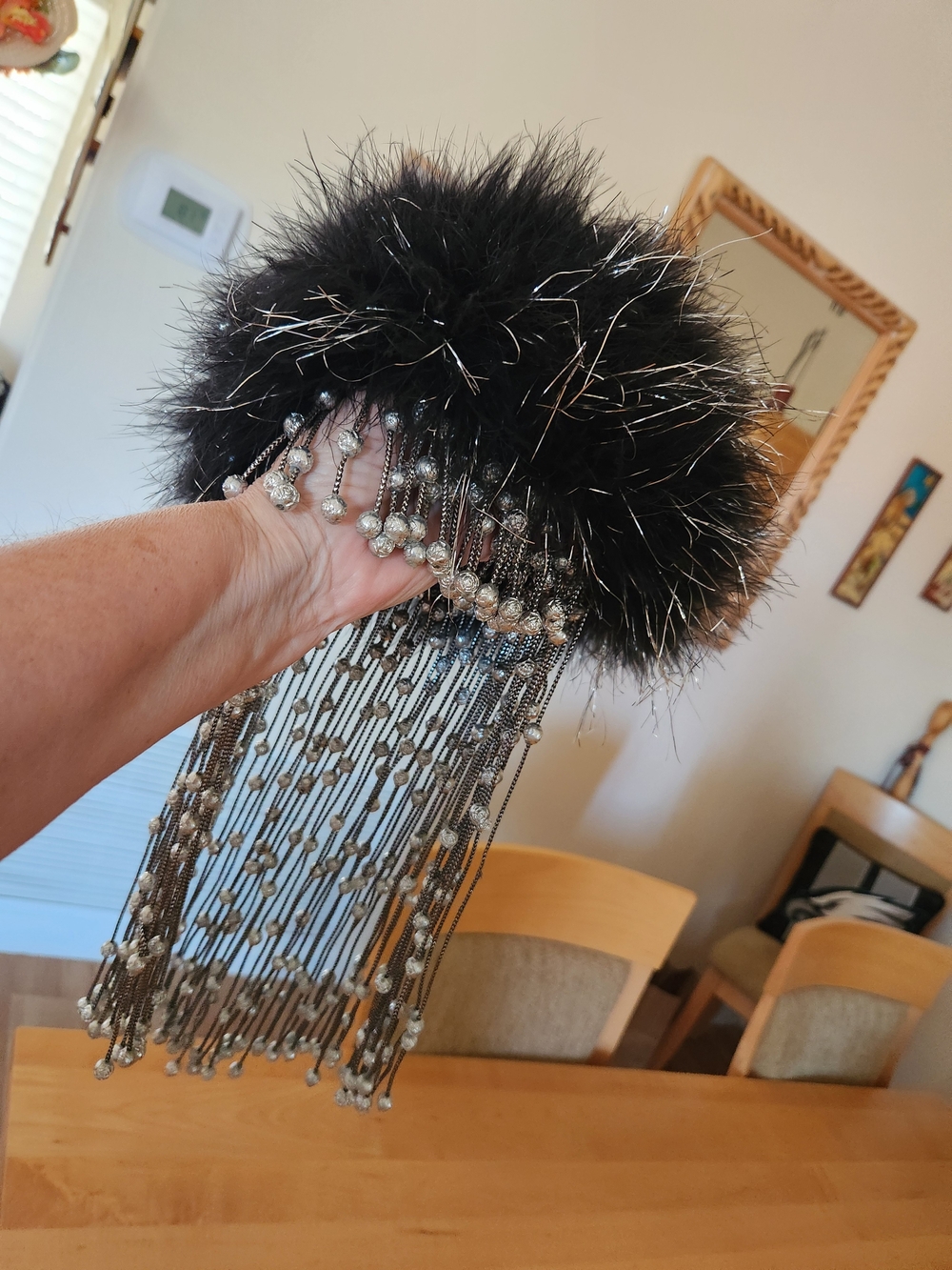 Black Feather and Silver Beaded Fringe Hat